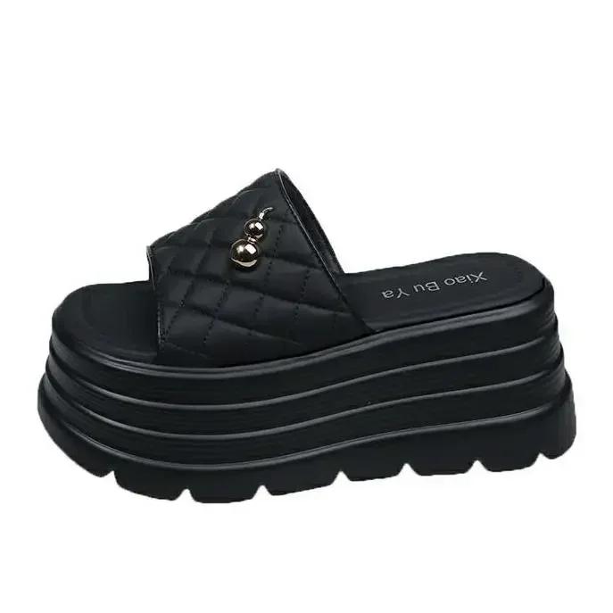 

Модные шлепанцы на толстой подошве 8 см, женские летние новинки 2025 года, сандалии на массивной платформе, женские шлепанцы на танкетке, на высоком каблуке, Sandalias Mujer 34 чёрный