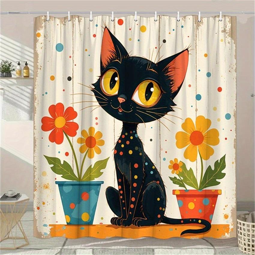 

Black Cat Polka Dots Shower Curtain - Playful Expression, Colorful Dots & Flowers, Retro Style, White Wooden Background W60H190(CM)-1 Pcs