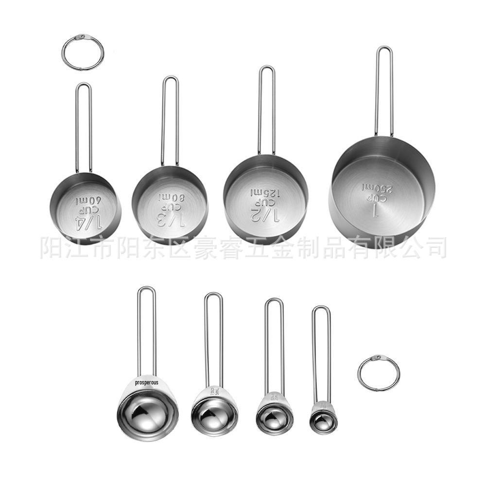 8-Piece Stainless Steel Measuring Cup & Spoon Set with Wooden Handle for Coffee & Grams