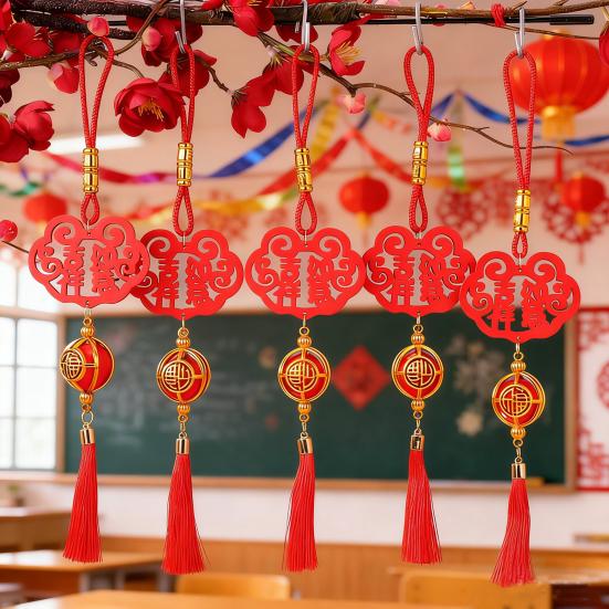 Chinese New Year Decorations Wooden Plaque Ornaments with Tassels Red Lucky Fu Pendant for Indoor Bonsai Plants Spring Festival Home Office Decor