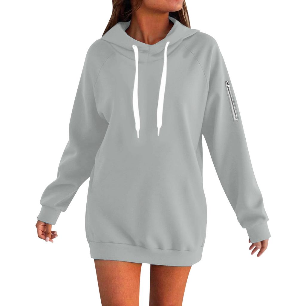 Women's Loose Long Sleeved Solid Color Hooded Sweatshirt With Velvet Drawstring