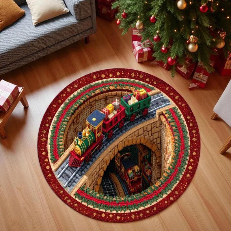 Festive Holiday Train Rug, Gift-Laden Locomotive On Circular Track Carpet, Cheerful Red & Green Mat for Nursery & Living Room