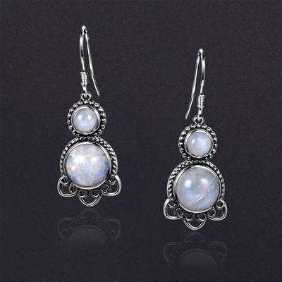 Vintage Ohrringe Silber Oval 9MM Natürlicher Mondstein Blauer Sandstein Ohrring Retro Niedliche Katze Party Ohrschmuck für Frauen Geschenk