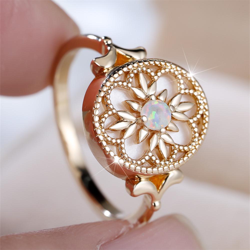 Trendy Flower White Opal Round Stone Rings For Women Vintage Gold Color Engagement Bands Wedding