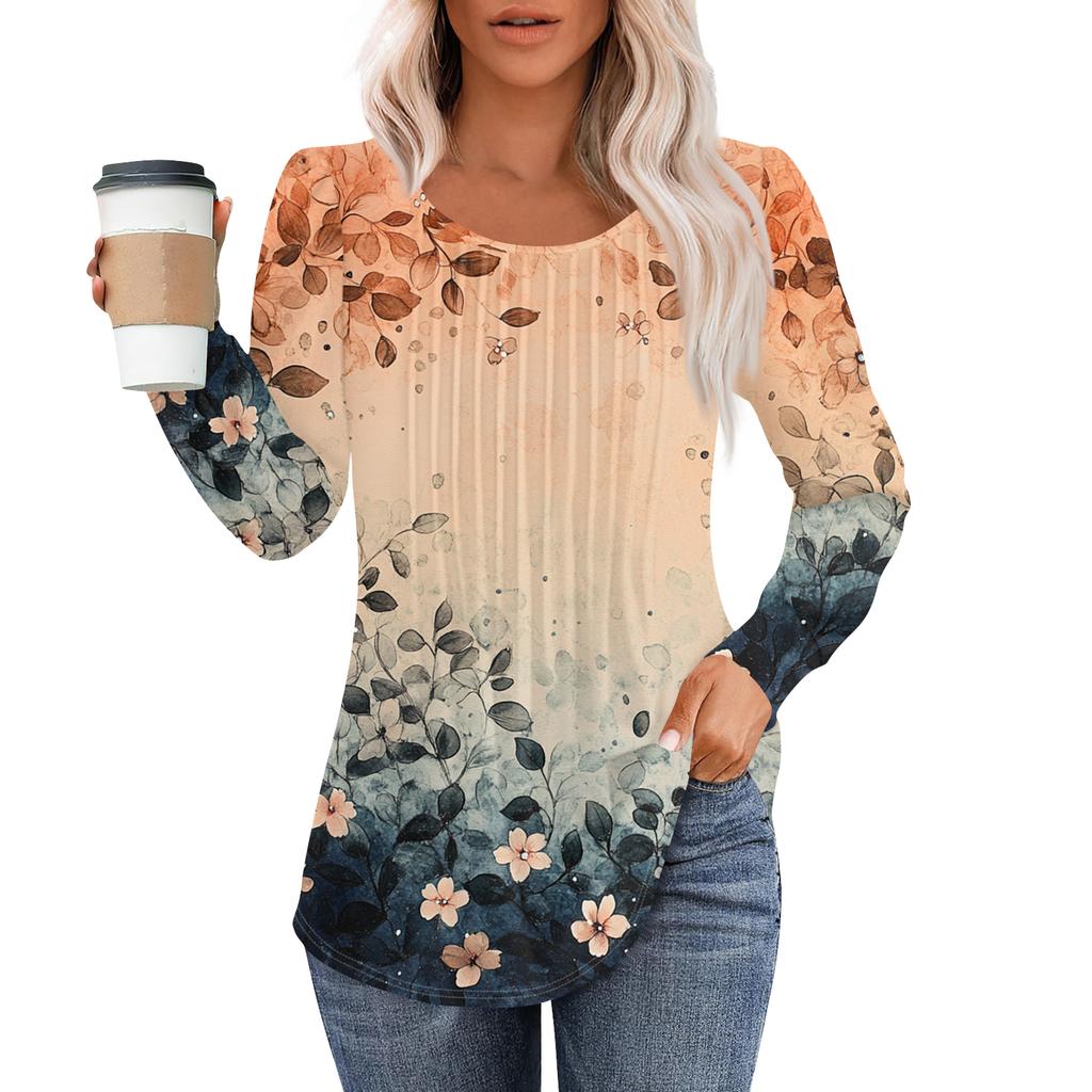 Women's Fashion Casual Pleated Round Neck Vintage Floral Print Long Sleeve T,Shirt Top