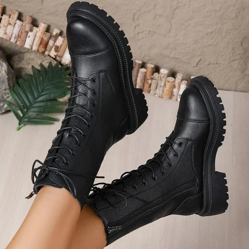 Fashion Fashion Solid Zip Mid Calf Boots for Women Autumn Winter Platform Heels Motorcycle Boots Women Temperament Lace-Up Shoes Woman