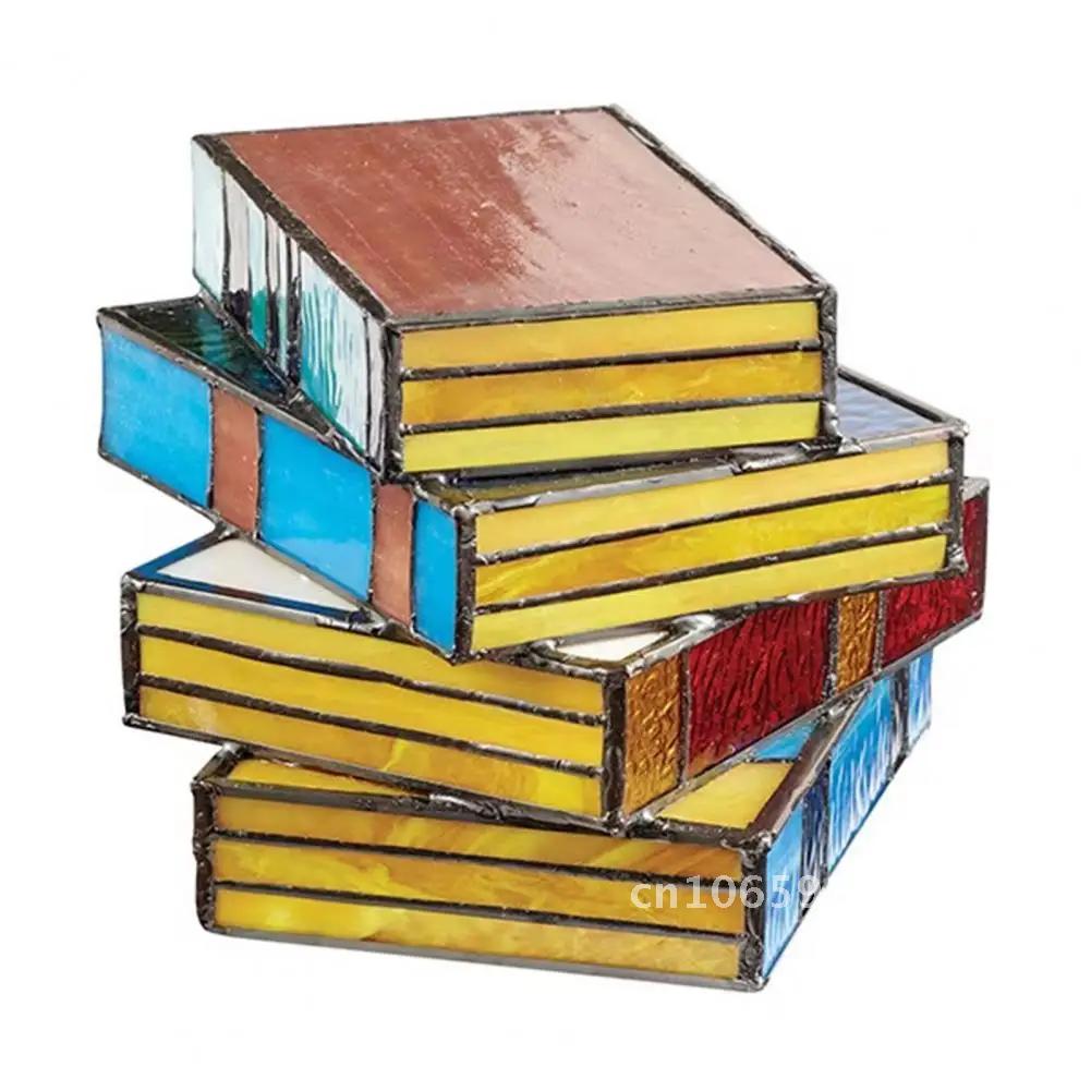 Stained Glass Stacked Book Nightstand Colorful Resin Vintage Desk Table Home Study Reading Lamp Bedroom Decoration