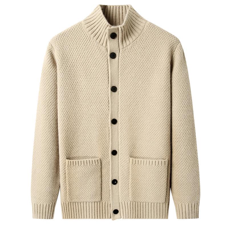 Men's Knitted Stand-up Collar Cardigan: Trendy Autumn/Winter Fashion Sweater with Long Sleeves and Thickened Design.
