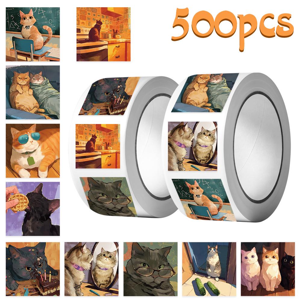 Cartoon Cat Stickers: 500 Sheets/Roll for DIY Journals, Decoration, Envelope Sealing.