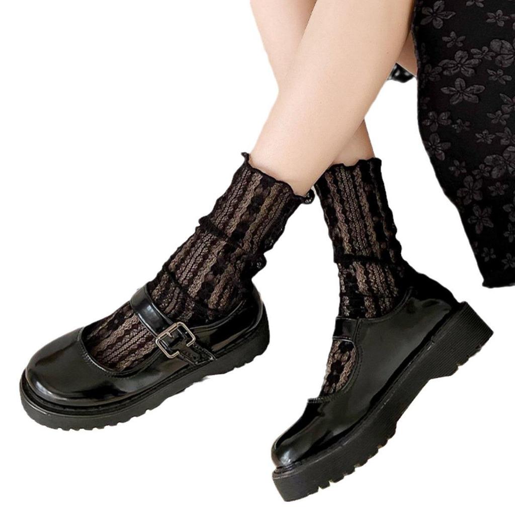 Women's White Lace Mesh Knee-High Socks - Summer Thin, Striped, Mid-Calf, Japanese Style