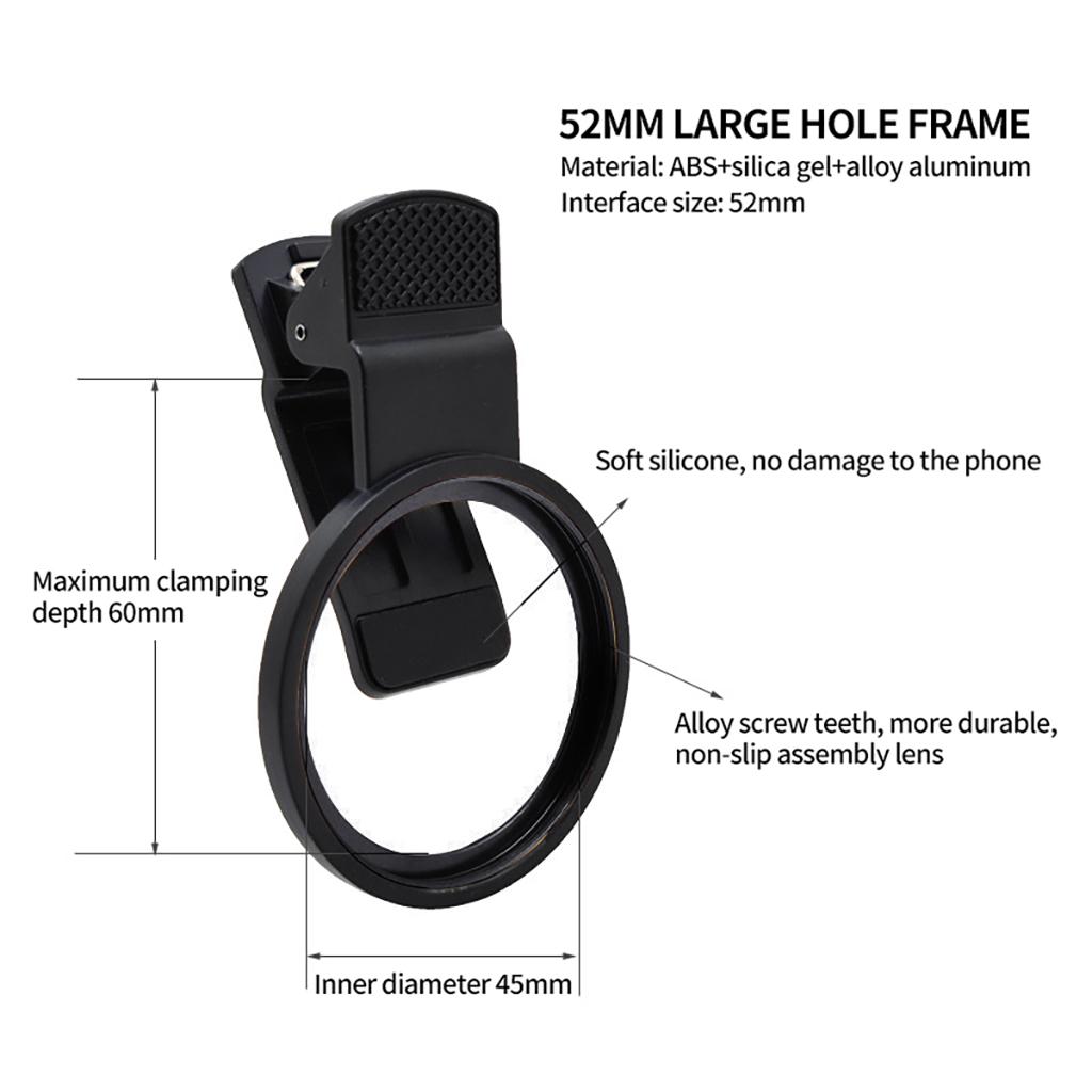 52mm Professional Phone Camera Lens Filter Ring Mount Clip for All Smartphones Lens Adapter Phone Clip Aluminum Alloy Thread Round hole