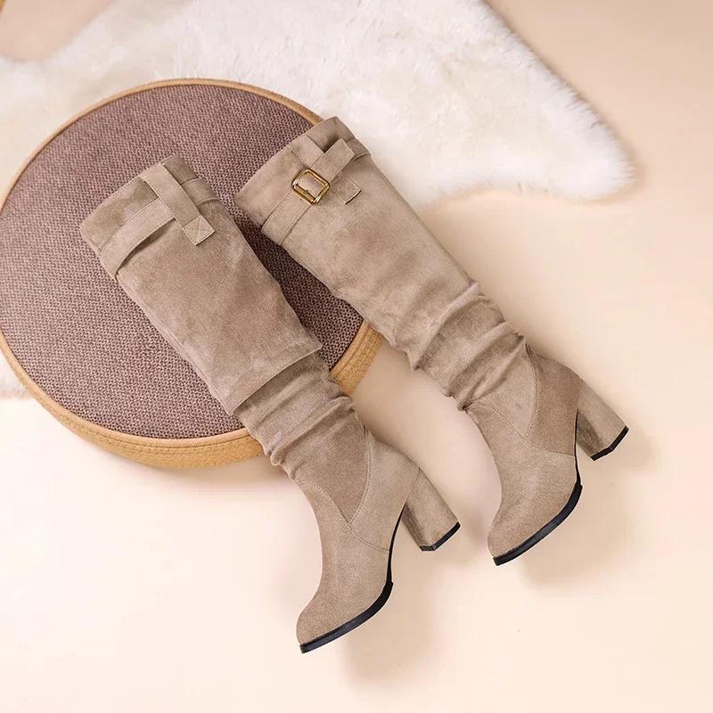 Women's Suede Pointed Toe Knee High Boots, Solid Chunky Heel Long Boots, Fashion Winter Shoes