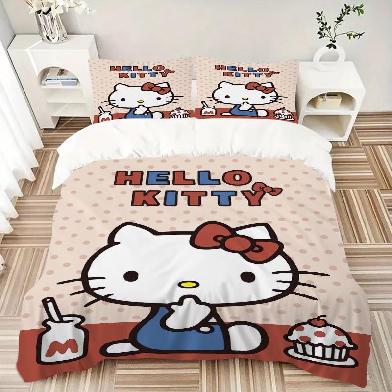 3pcs Milk Cake & Hello Kitty Design Bedding Set Includes Quilt Cover and Pillowcases, Suitable for All Seasons, Machine Washable Ideal Gift W060