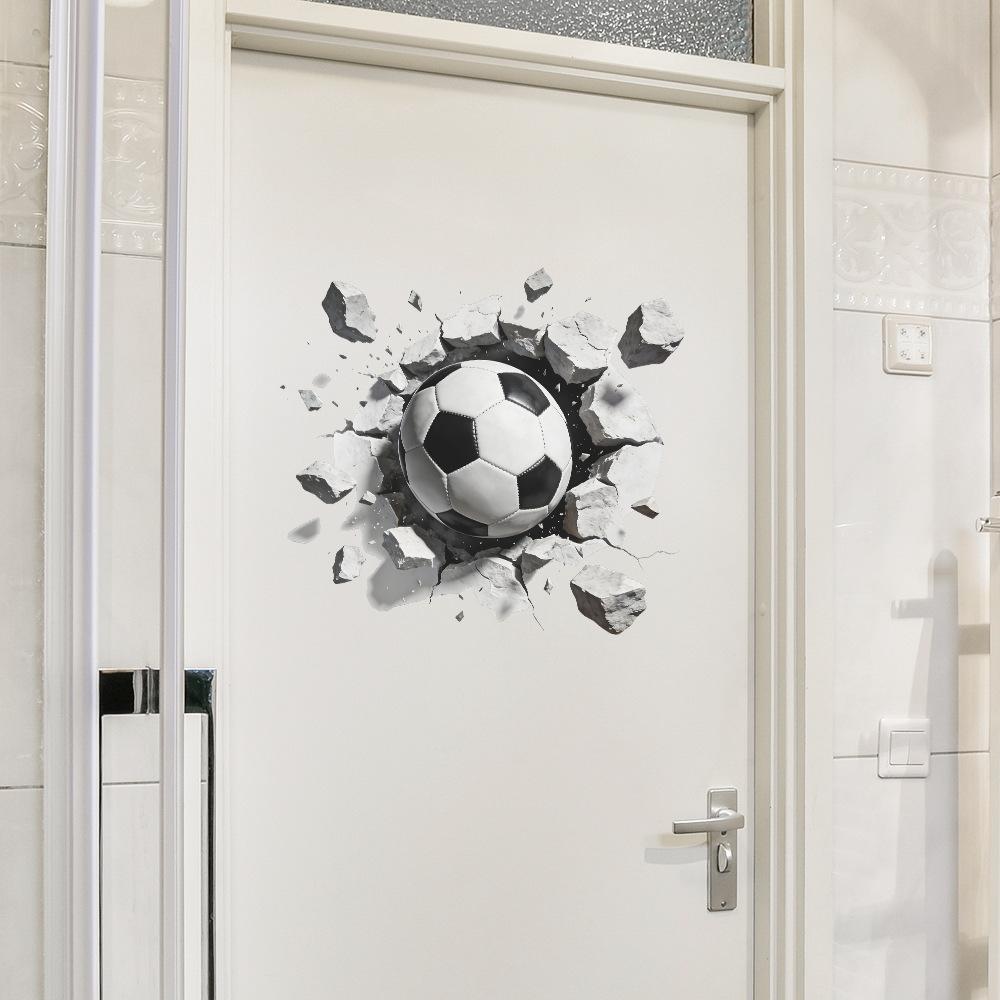 3D Breaking Through Wall Soccer Football Wall Sticker Self-Adhesive Removable for Bedroom Living Room Hallway Background Wall Sports Home Decor Art