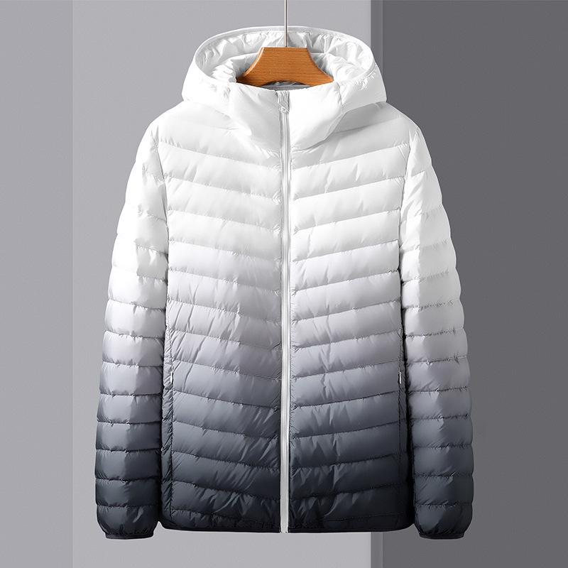 

Light down jacket men s short autumn and winter green gradual change hooded thin light cold warm white duck down jacket XXXL