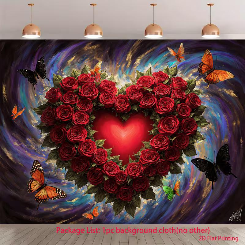 

2D Floral Heart Tapestry, Red Rose Wreath with Central Heart, Butterflies and Abstract Swirl Background 47.2x31.5inch/120*80cm