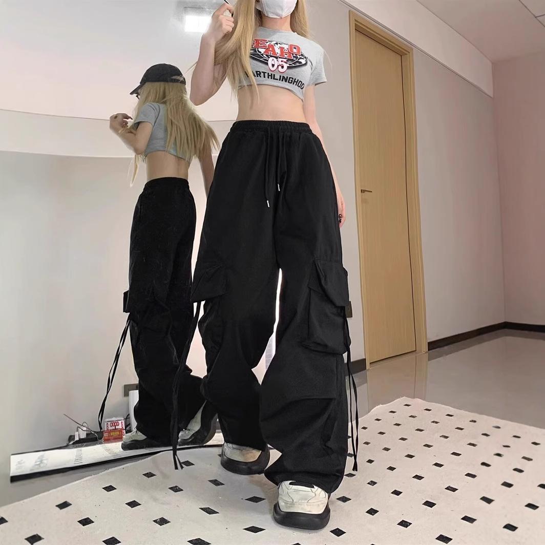 

Retro Vintage High Street Baggy Pants Fashion Women Oversized Drawstring Pocket Pant Casual Streetwear Loose Jogger Trousers S чорний
