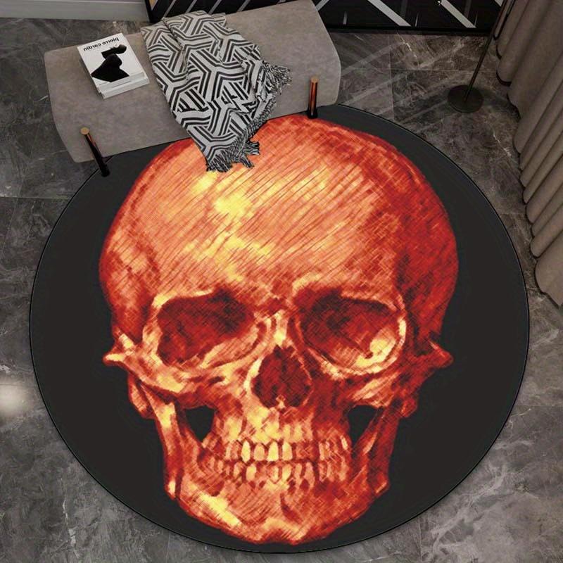Skull Orange Red Round Rug Crystal Velvet Floor Mat Gothic Horror Art Decorative Home Bedroom Living Room Area Rug for Teens