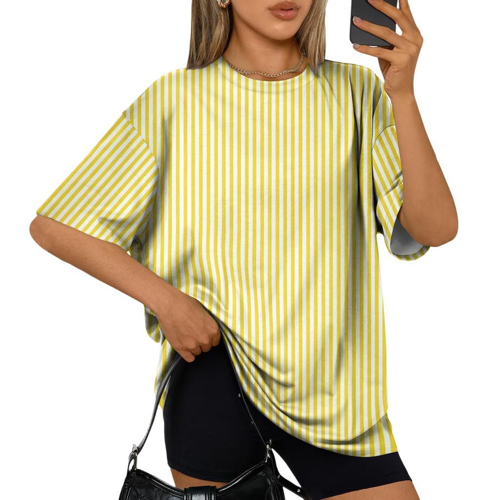 Women’s Casual Loose Fit Striped Short Sleeve Top Summer Oversized Pullover Crew Neck Lightweight Relaxed T Shirt Blouse