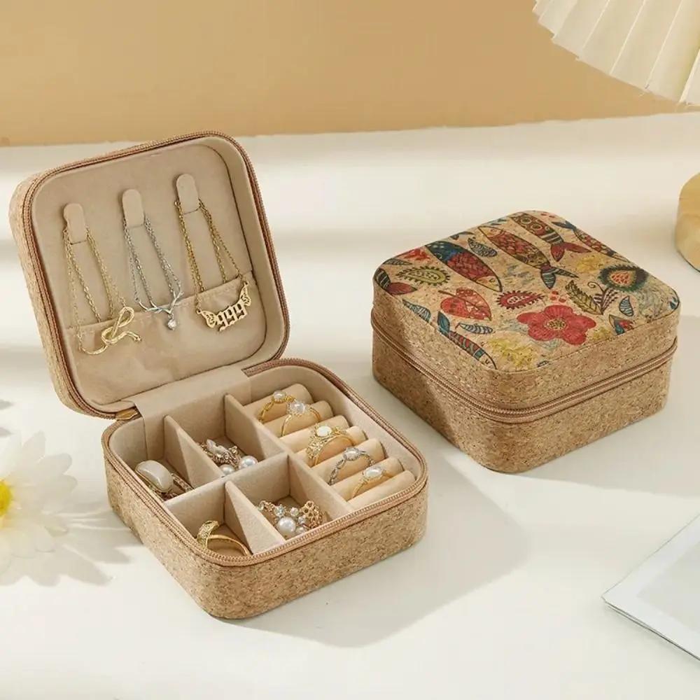 

Simple Cork Wood Jewelry Storage Box Portable Useful Ring Earrings Organizer Display Case Travel Supplies