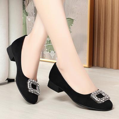 Moda 2024 Mulher Biqueira Quadrada Fivela Sapatos Strass Boca Rasa Salto Alto Feminino Elegante Camurça Francesa Moda Conforto Simples