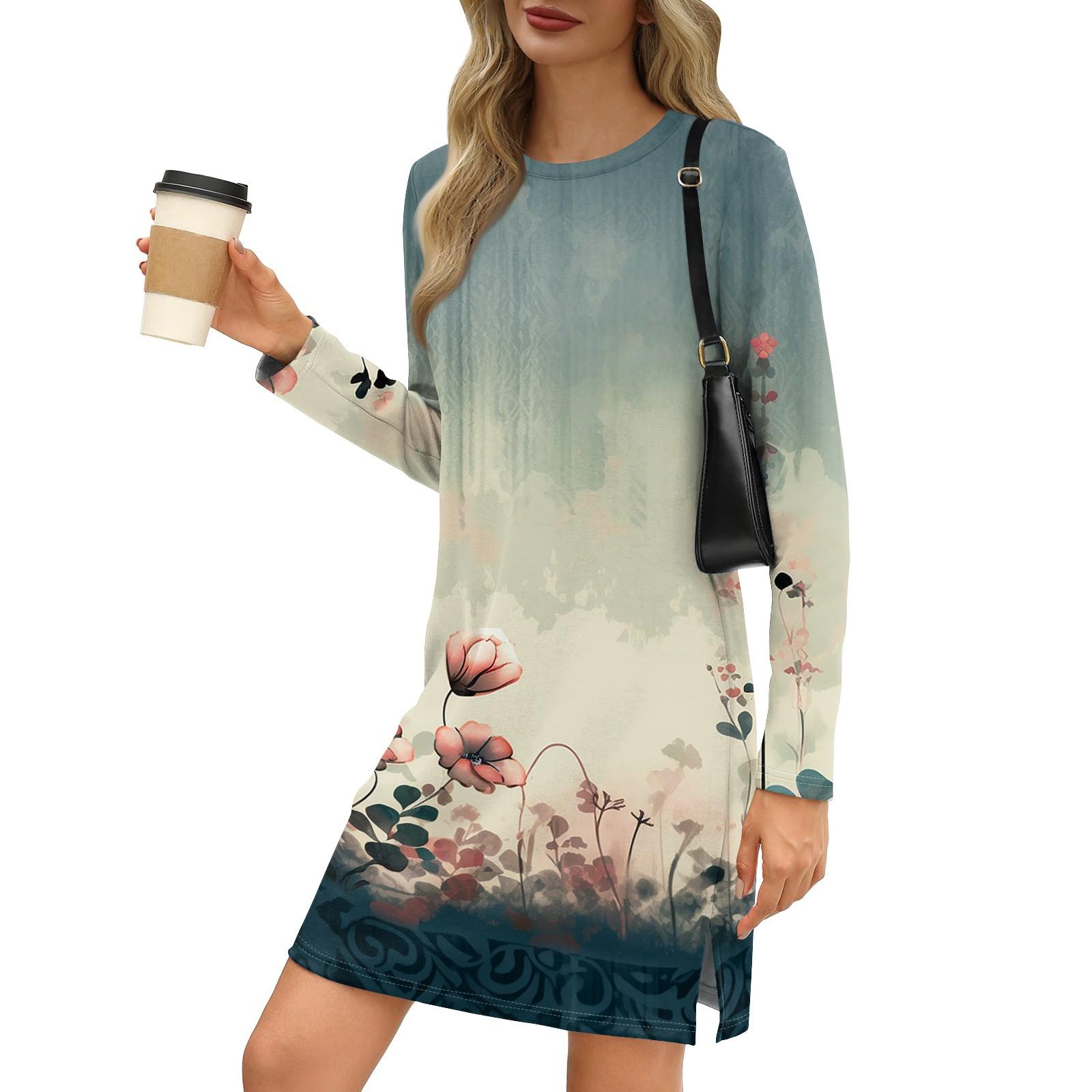 Women s Fashion Casual Print Round Neck Long Sleeve Half Hem Slit Dress L бежевый