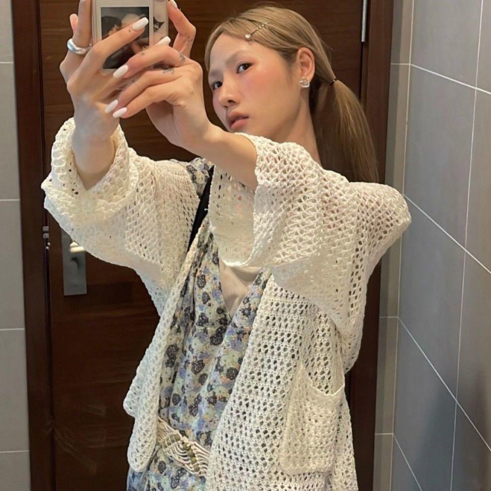 Harajuku stickad kofta dam vintage hollow out oversized tröja koreanskt mode löst Casual långärmade tunna toppar