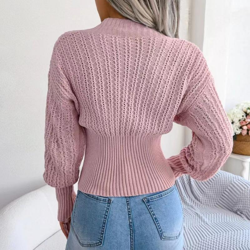 Autumn and Winter V-neck Pullover Sweater Hollow Fashion Elegant Knitted Slim Fit Solid Color Long Sleeve Tops Sexy New Short Top Women's Clothing
