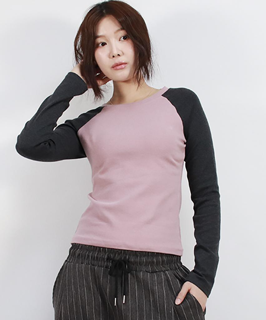 Deumakeu Vintage Solid Raglan Long-Sleeved T-Shirt Pink&Charcoal