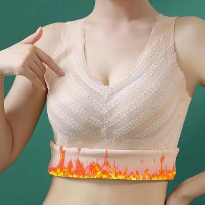 Winter Women Thermal Vest with Chest Pads Seamless Velvet Fast Temperature Lock V Neck Slim Fit Elastic Sleeveless Inner Wear Bottoming Tank Top