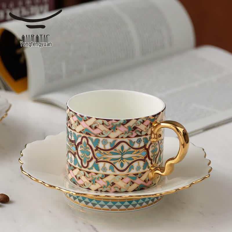 Auratic Purple Gold Flower 2-Piece Coffee Cup and Saucer Set