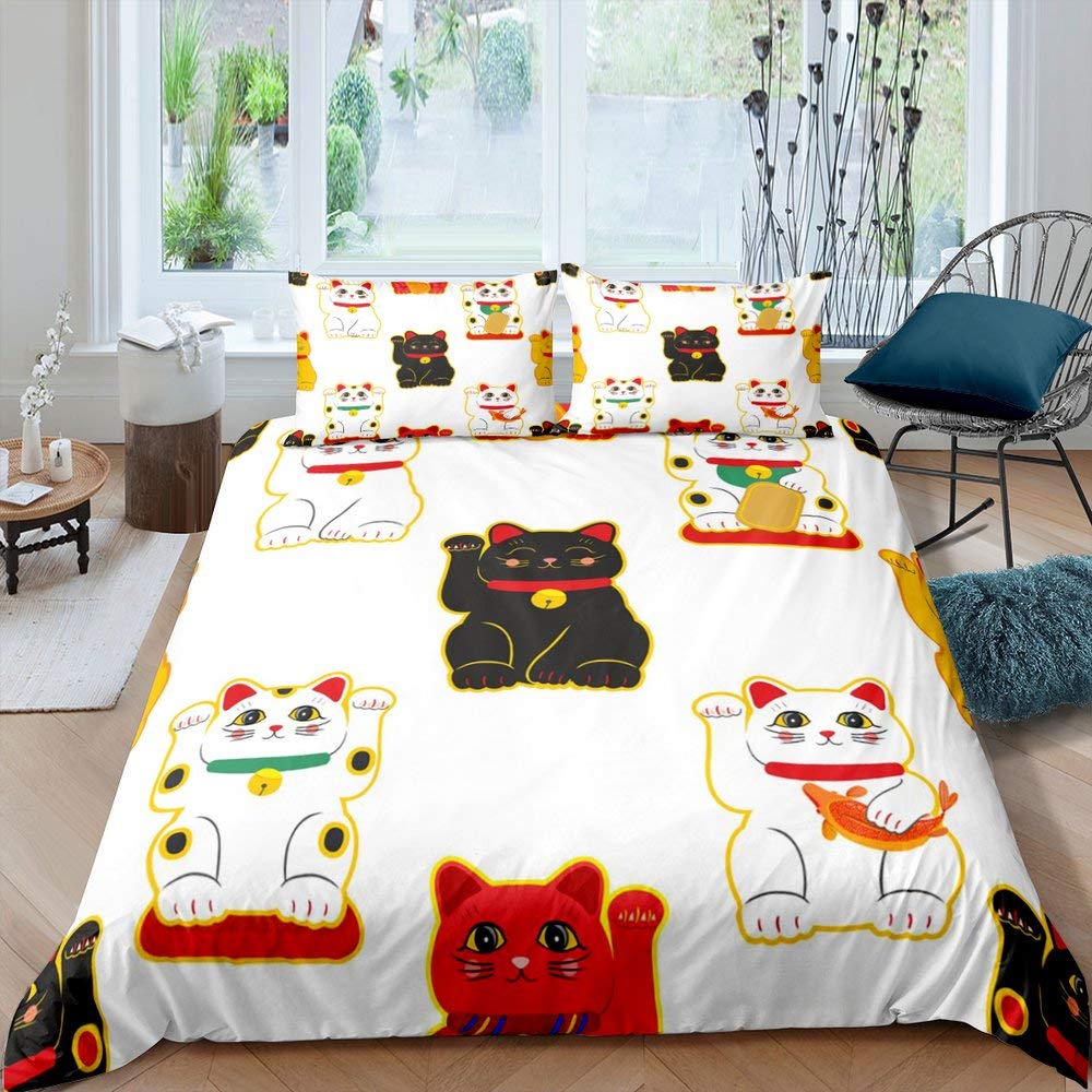 Maneki Duvet Cover Set,Japanese Lucky Cat Duvet Cover Neko Gold Coin Japanese Style Cute Bedding Set Cat Comforter Cover 2/3pcs