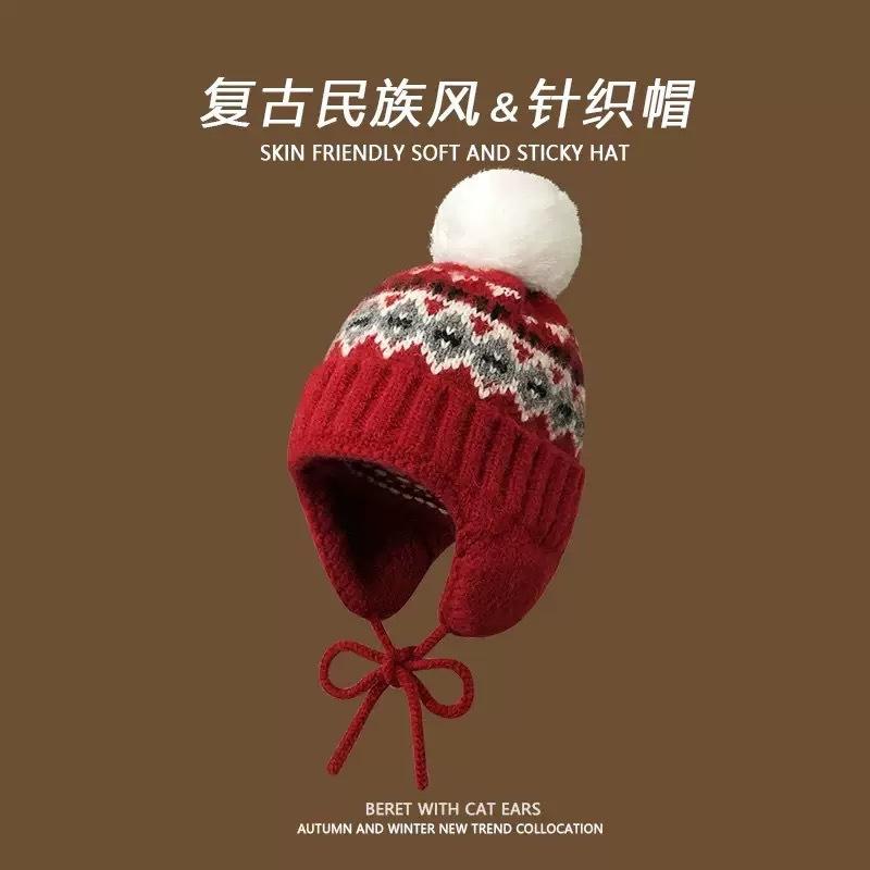 

Women s Autumn and Winter Thickened Warm Knit Hat with Fair Isle Ear Protection, Knitted Headwrap, Lei Feng Hat красный