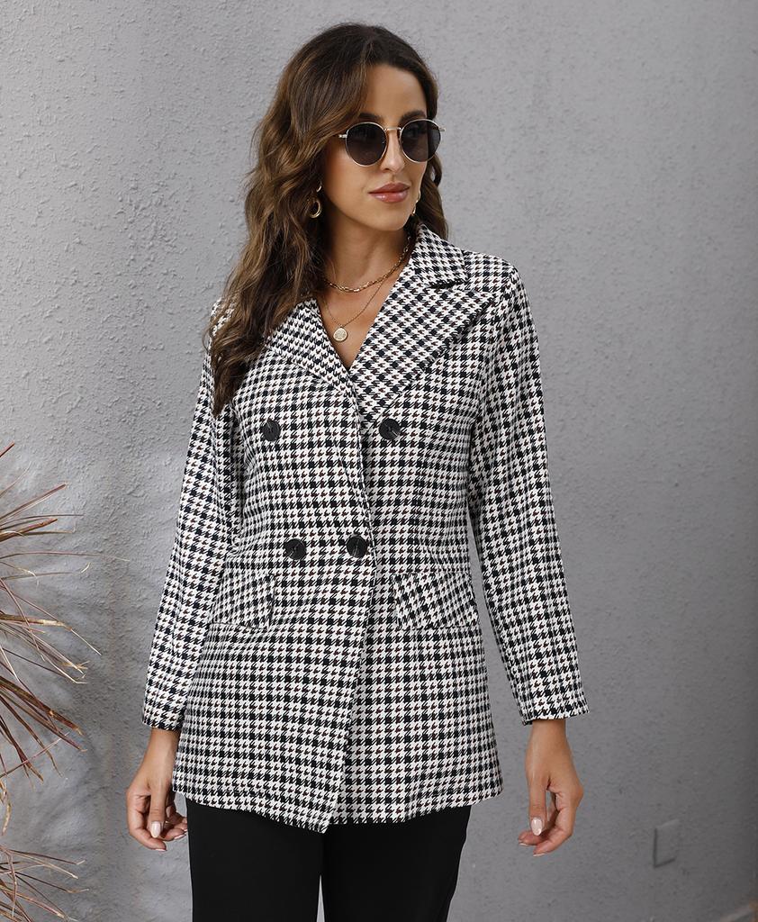 QICED Women's Vintage Casual Plaid Print Autumn Winter Long Sleeve POLO Neck Jackets & Coats