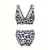 [Leopard Print Bikini] High-Waist, Stretchy Two-Piece Leopard Print Bikini Set for Women - V-Neck, Contrast Trim, Perfect for Beach & Spa