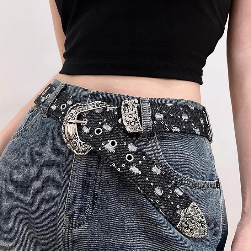 Y2K Luxus Design Vielseitiger Ausgeschnittener Gürtel Vintage Breiter Ledergürtel Punk Denim Rock Kombiniert Harajuku Mädchen Taillengürtel Dekor gray