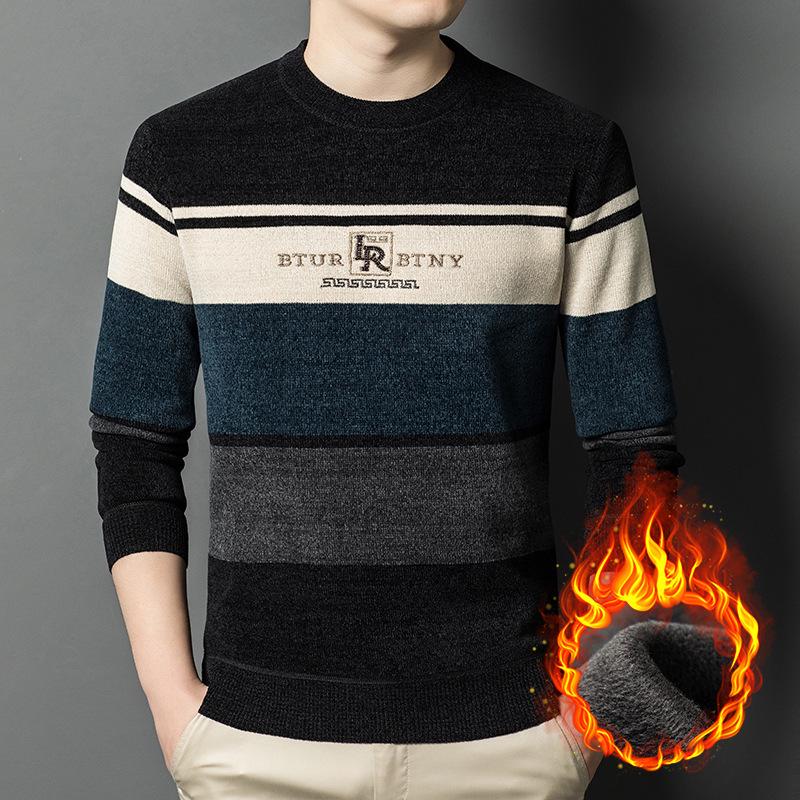 Men's Winter Chenille Sweater - Round Neck, Warm Velvet-Lined, Thick Knit Base Layer for Middle-Aged Men