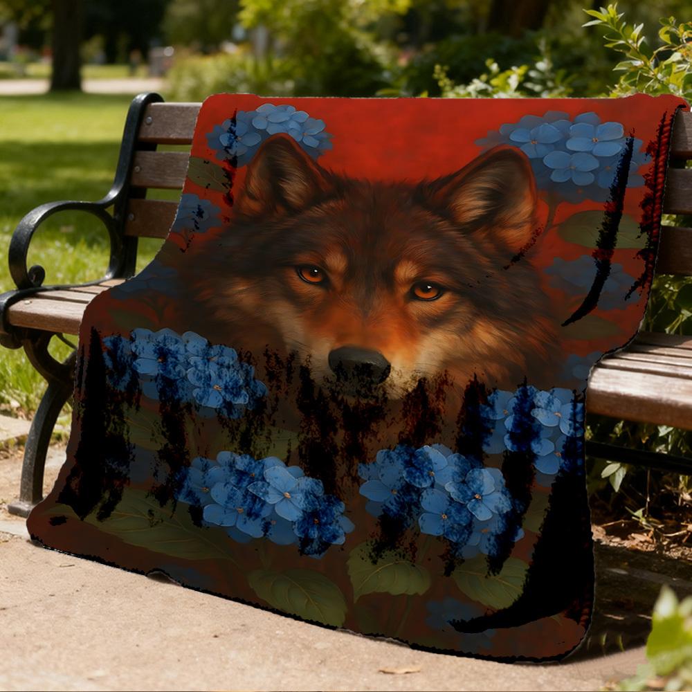 1pc Wolf Blue Flowers Throw Blanket Polyester Fiber, Lightweight Flannel, Soft & Warm, All Season Use for Outdoor, Camping Digital Print