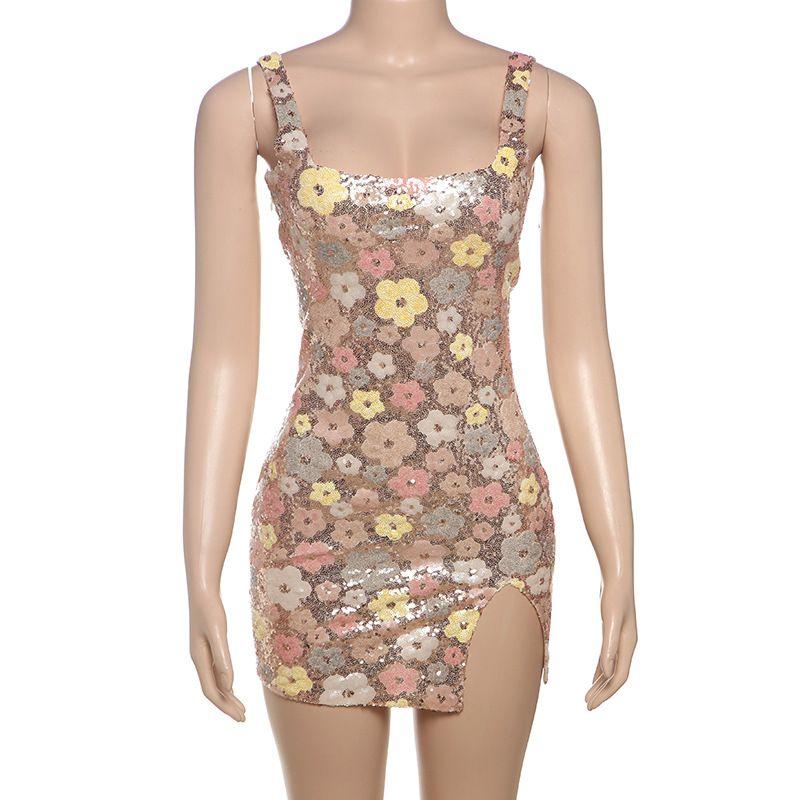 

New Arrival Fashion Slim Fit Square Collar Color Is Sequin Hip Slit Dress Vest Short Skirt Date Dinner Dress Apricot L