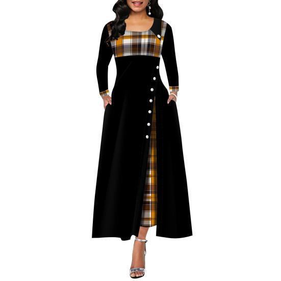 Lady Dress Contrast Colors Plaid Round Neck Patchwork Banquet Dress for Commute