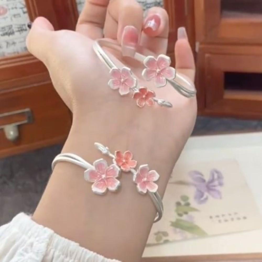 Sweet Pink Cherry Blossom Ring Drop Oil Design Flower Bracelet Fashion Open Adjustable Ring Party