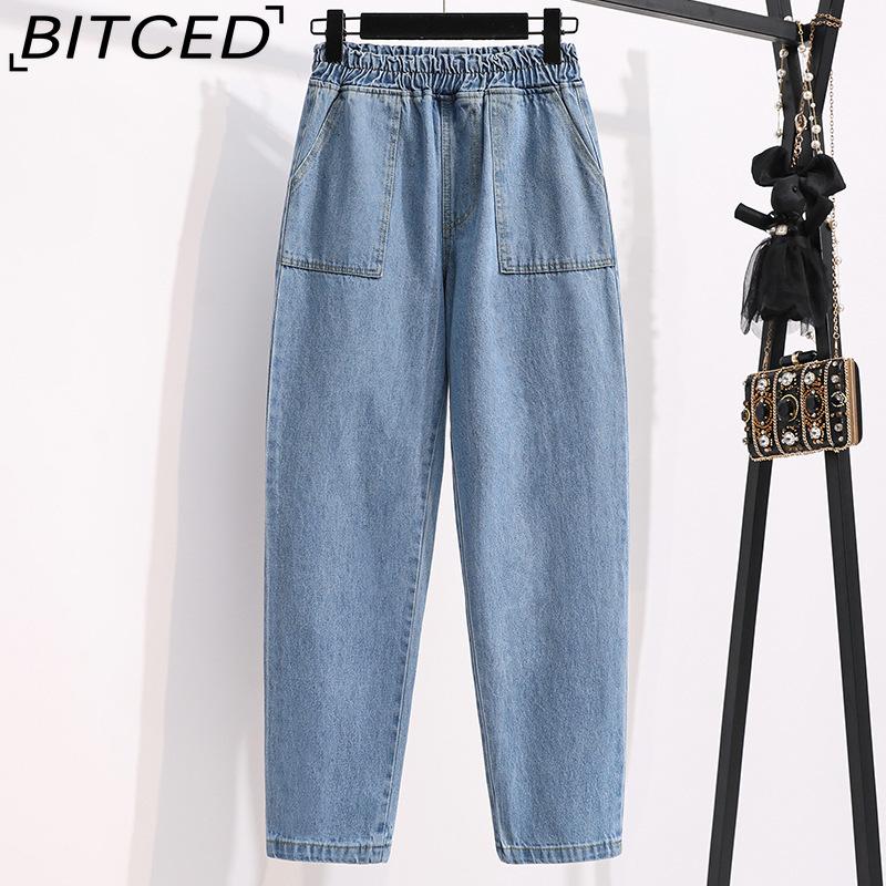 

BITCED Утягивающие свободные темные шаровары больших размеров с высокой талией, выстиранные прямые брюки, полированные белые джинсы и брюки цвета редиса XXXXXL светло-синий