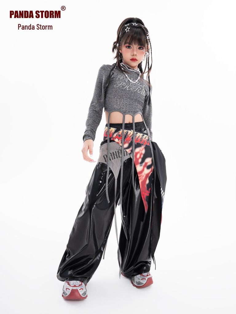 Dziewczęcy strój do tańca jazzowego z cyrkoniami - Zestaw koszulki z długim rękawem i spodni do tańca ulicznego i na występy