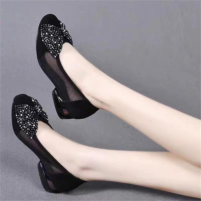 Mesh Mother Sandals Women's 2025 New Thick Heel Mesh Single Shoes Women's Bow Versatile Breathable Work Women's Shoes