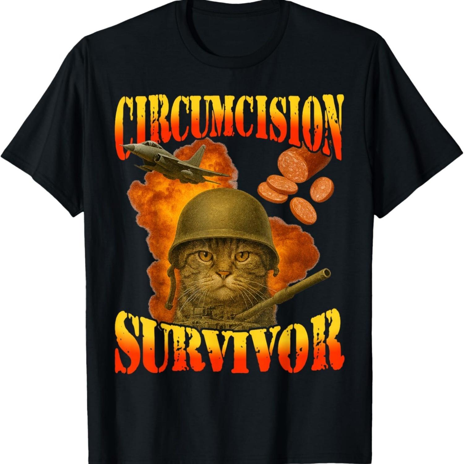 Circumcision Survivor Funny Vintage War Meme Cat Humor T-Shirt S чёрный