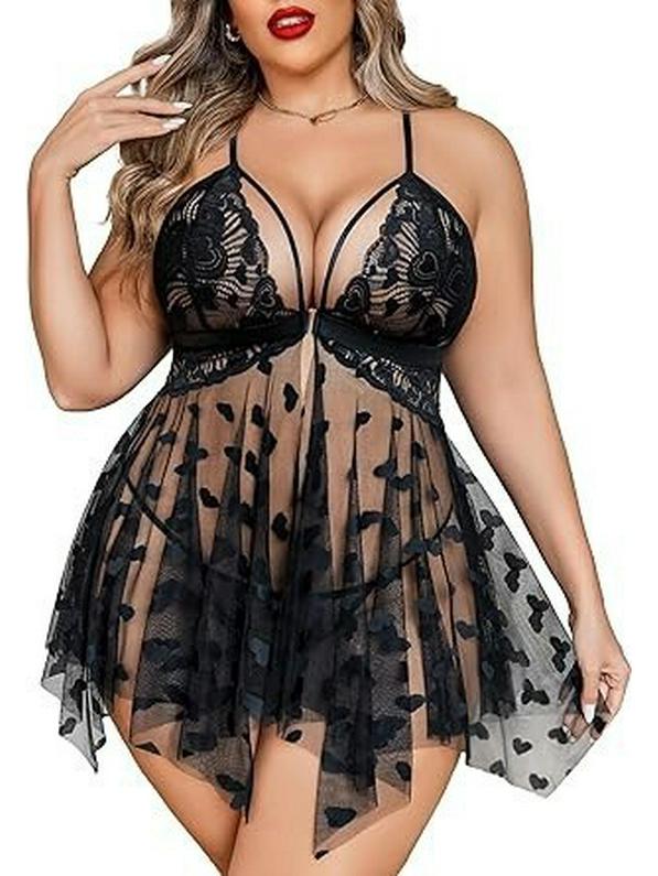 European & American Temptation Mesh Heart Camisole Nightdress Sexy Lingerie Set for Women