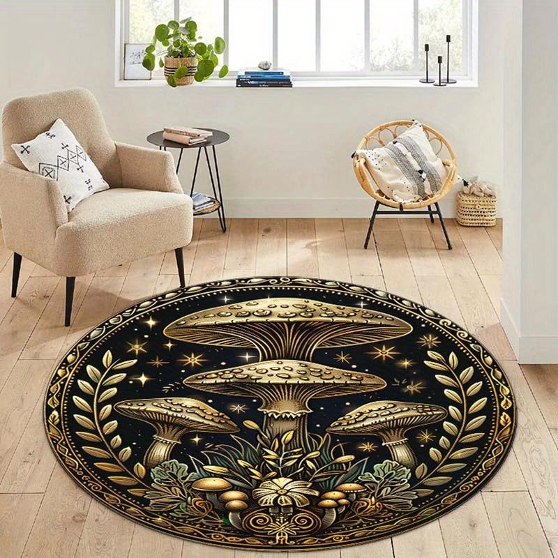 Fashion Golden Mushroom Pattern Round Rug, Non-Slip Washable Anti-Shedding Carpet for Living Room Bedroom Office Decor