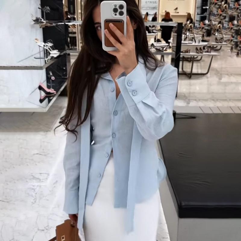 Fashion Cotton Strap Shirt for Women Spring Autumn Bandage Elegant Solid Color Slim Fit Top Commuting Casual Simple Long Sleeve Blouse Sweet Clothing
