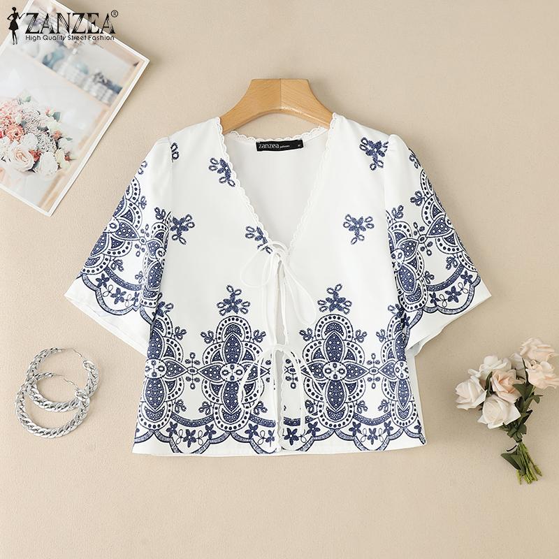 ZANZEA Damen Druck Lässig Sommer V-Ausschnitt Kurzarm Schnürbluse