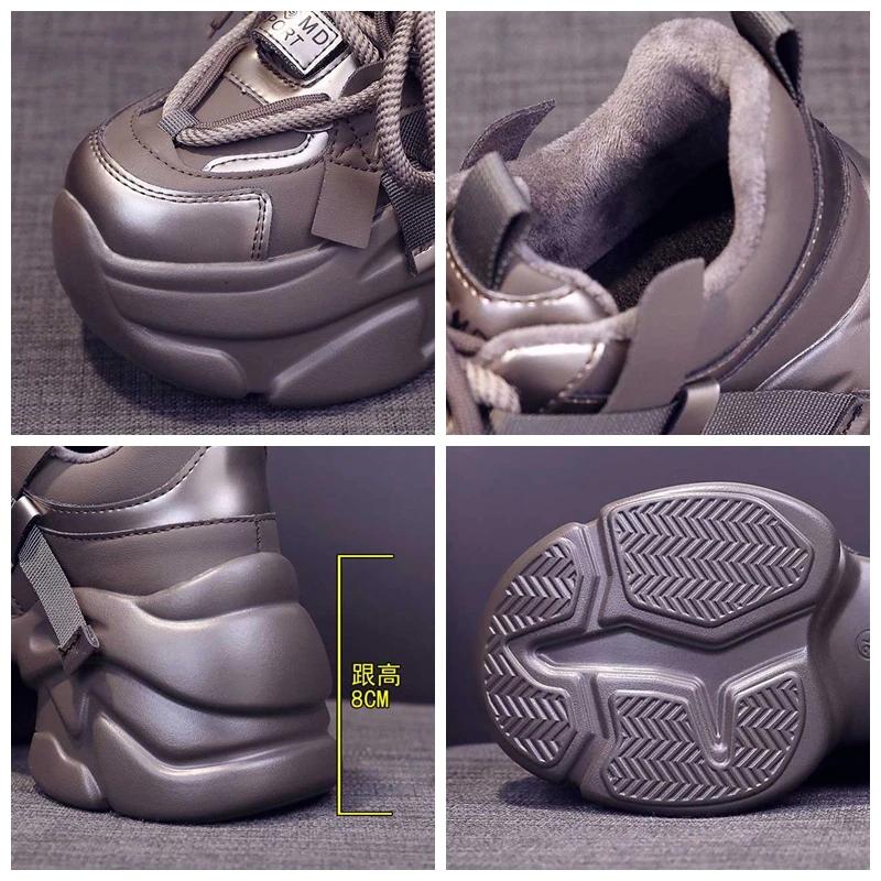 Fashion 8CM Winter Women Chunky Warm Fur Sneakers High Platform Sports Dad Shoes Woman Bling Leather Casual Snow Shoes Zapatillas Mujer